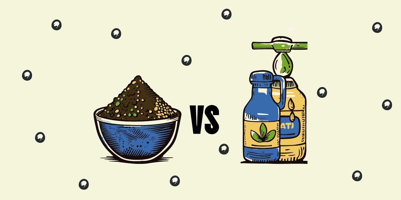 Disegno minimalista: confronto tra ammendanti organici (compost) e minerali (fertilizzanti NPK) per la cura del suolo