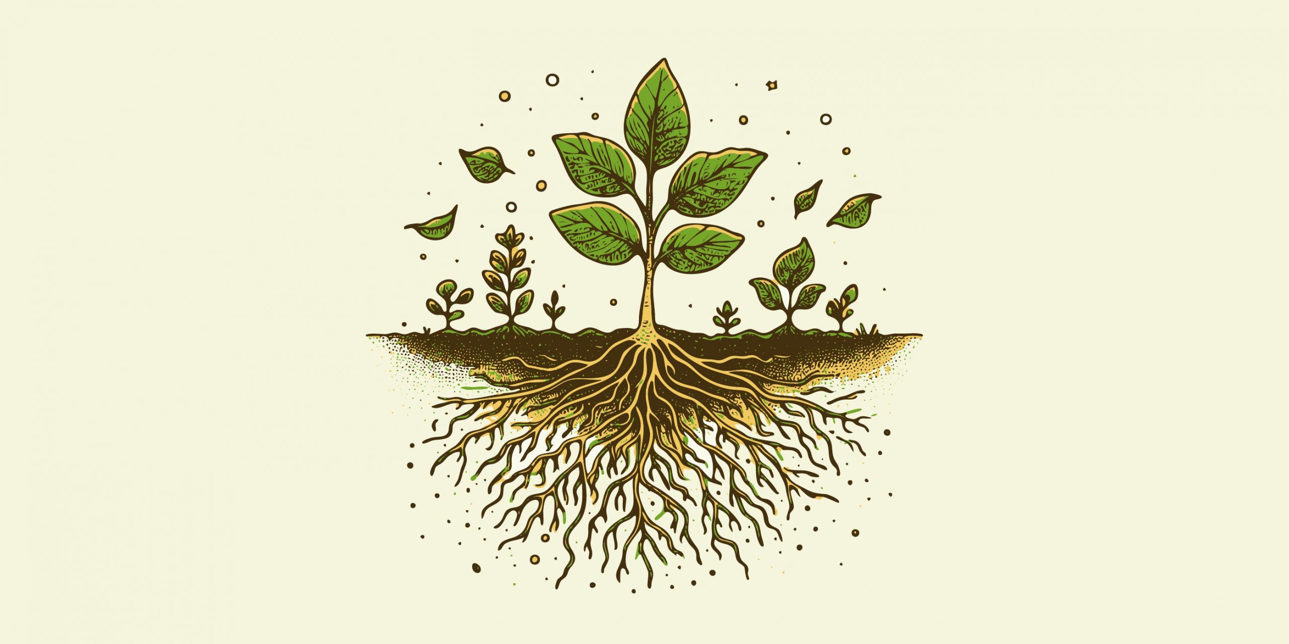 Illustrazione manuale di una pianta di canapa con radici e suolo ricco di nutrienti essenziali, simbolo di coltivazione sostenibile e salute del suolo.