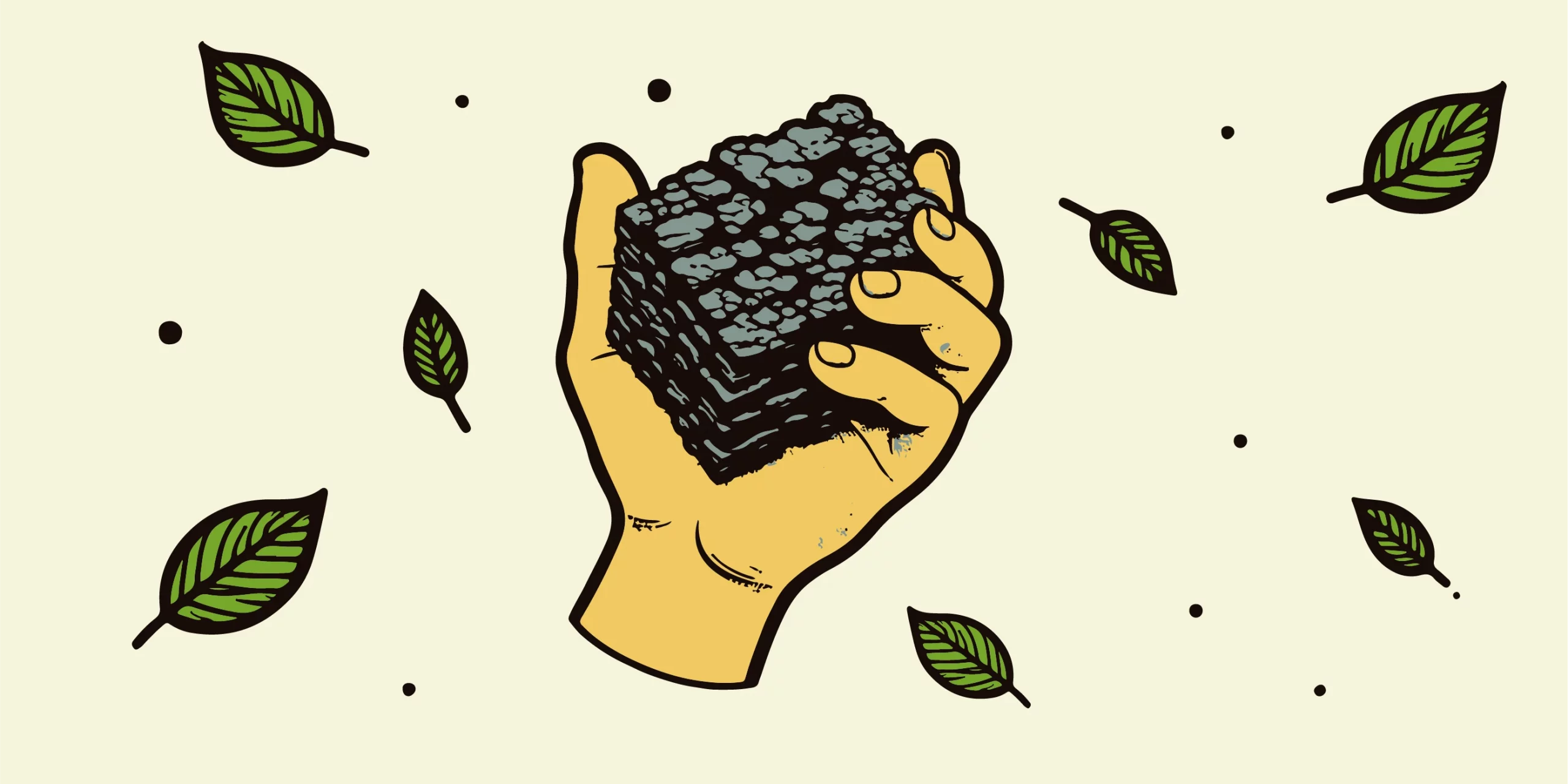 Illustrazione minimalista di biochar suolo fertile naturale: mano che tiene frammento poroso con radici e foglie.